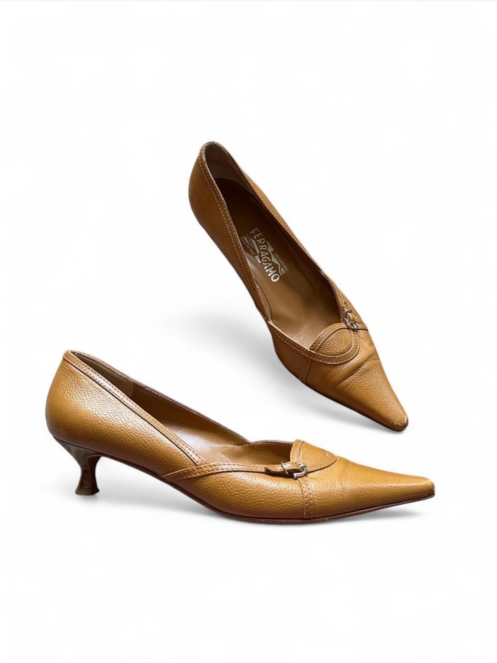 Salvatore Ferragamo Tan Leather Pointed-Toe Mid Kitten Heel Pumps 9.5